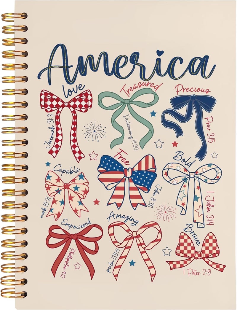 BearCake America Patriotic Christian Notebook Journal, Retro Coquette Red White Blue Bow Prayer Journal for Women, 4th of July Bow Religious Hardcover Spiral Notebook 5.5x8.3 - Image 1